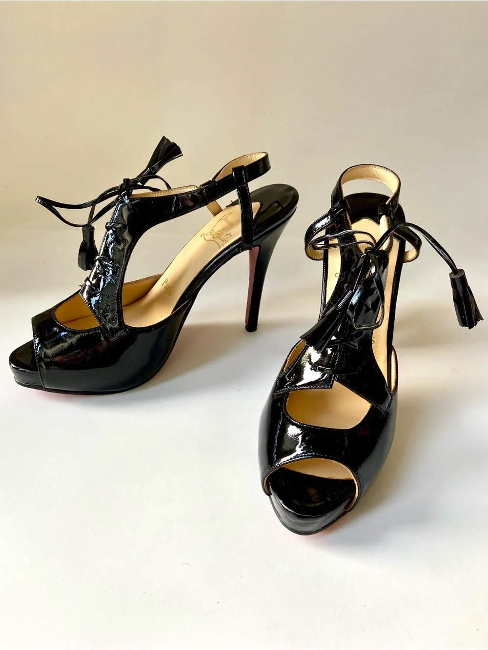 NWT Black Patent High Heel Louboutin platform Sandals with tie vamp